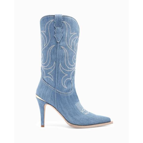 Partlow Cherie Western Heeled 95 MM Boots in Denim 38.5 - Picture 2 of 5